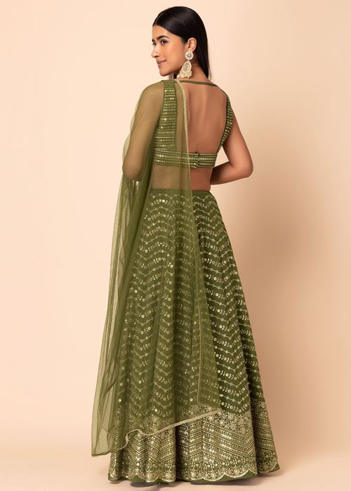 Stunning Green Zari Embroidered Georgette Mehendi Wear Lehenga Choli