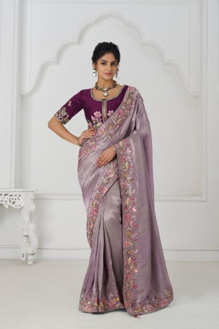 Stunning Mauve Color Saree With Multi-Thread And Sequins Embroidery