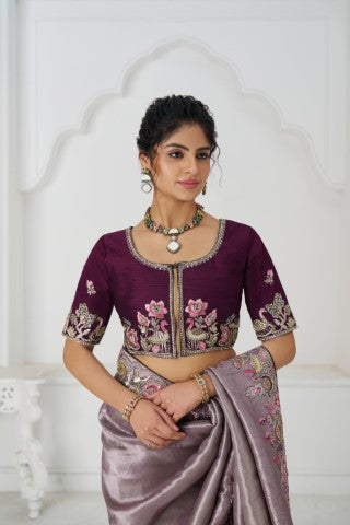 Stunning Mauve Color Saree With Multi-Thread And Sequins Embroidery