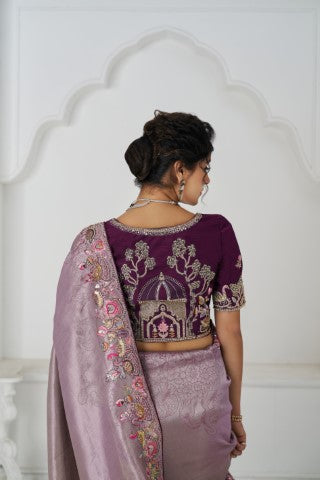 Stunning Mauve Color Saree With Multi-Thread And Sequins Embroidery