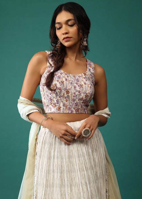 Stunning Off-White Floral Printed Georgette Traditional Lehenga Choli