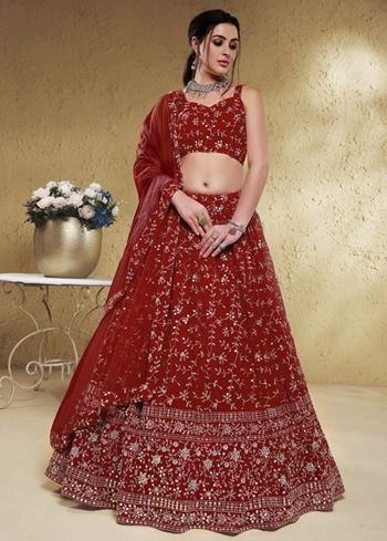 Stunning Red Embroidered Georgette Wedding Wear Lehenga Choli