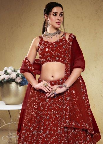 Stunning Red Embroidered Georgette Wedding Wear Lehenga Choli