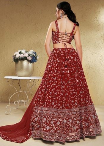 Stunning Red Embroidered Georgette Wedding Wear Lehenga Choli