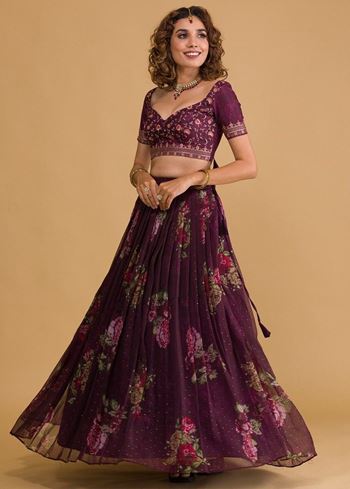 Stunning Wine Floral Digital Organza Festival Wear Lehenga Choli