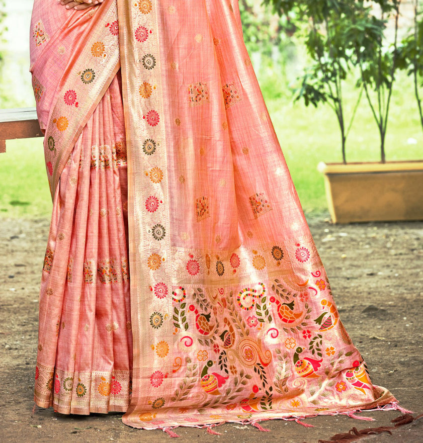 Stylish Peach Assam Silk Meenakari Festival Saree