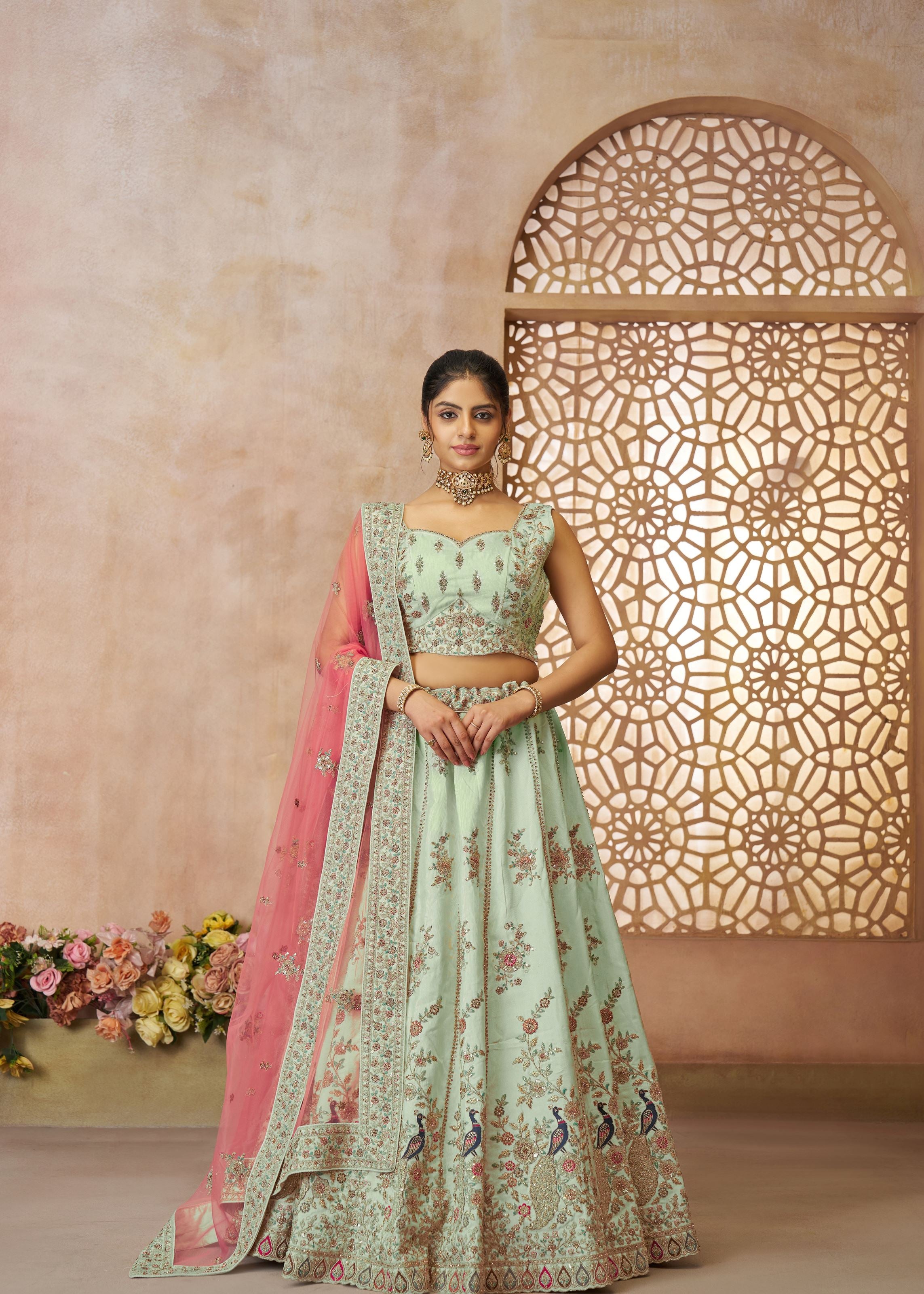 Surprising Green Zari Weaving Silk Wedding Lehenga Choli With Dupatta