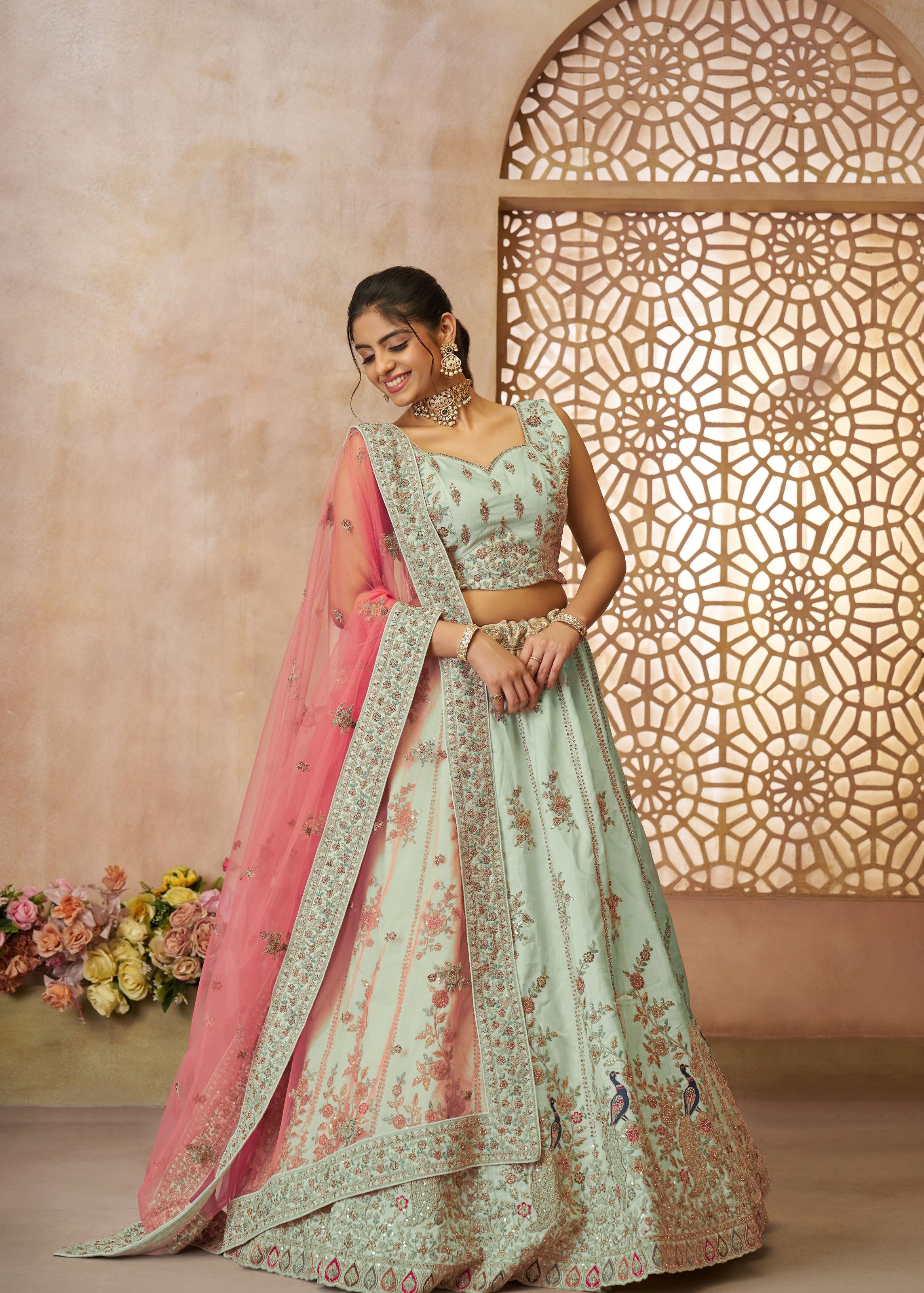 Surprising Green Zari Weaving Silk Wedding Lehenga Choli With Dupatta