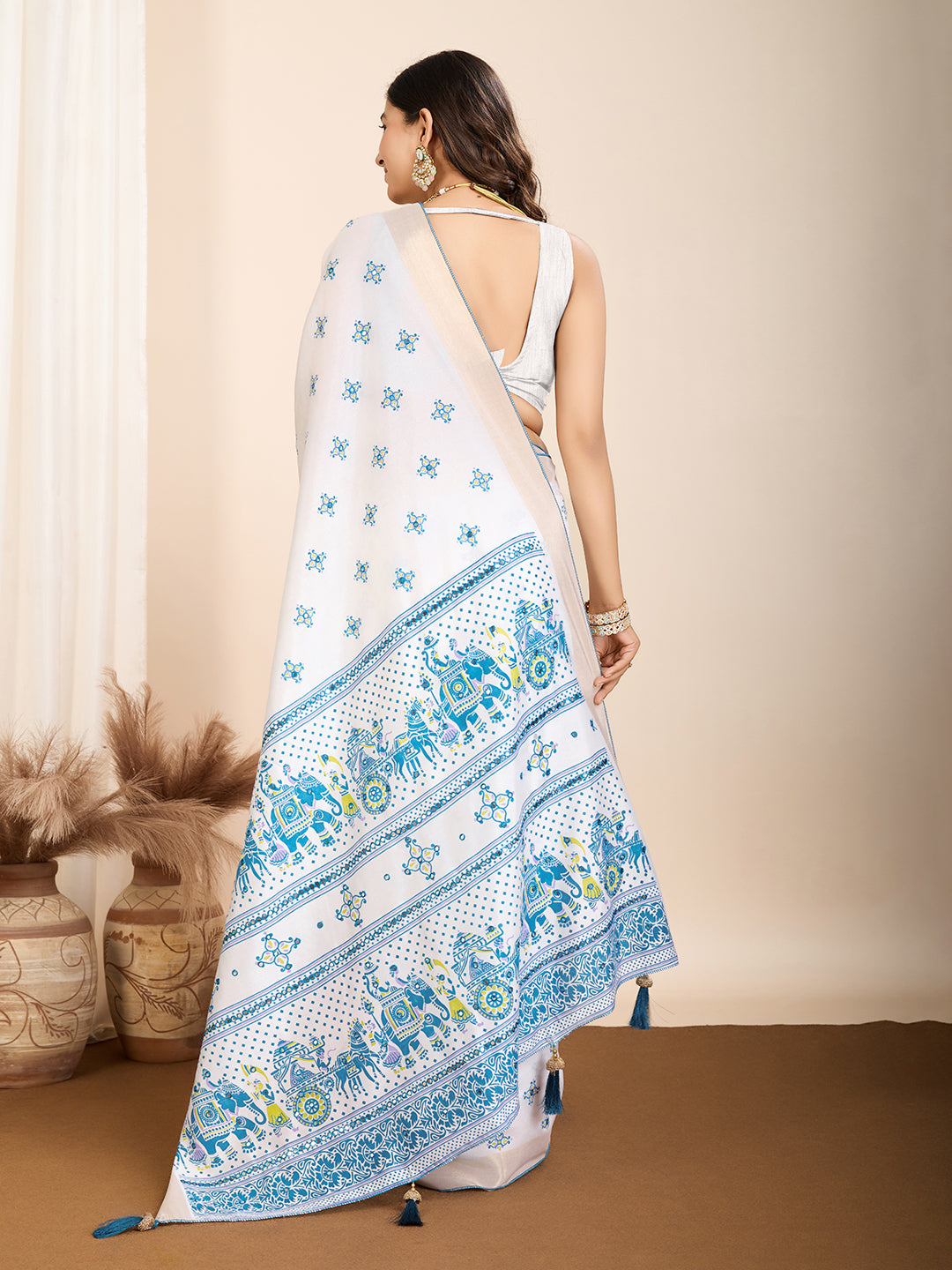 Table Printed Designer Hand Work Off White Blended Coton Saree