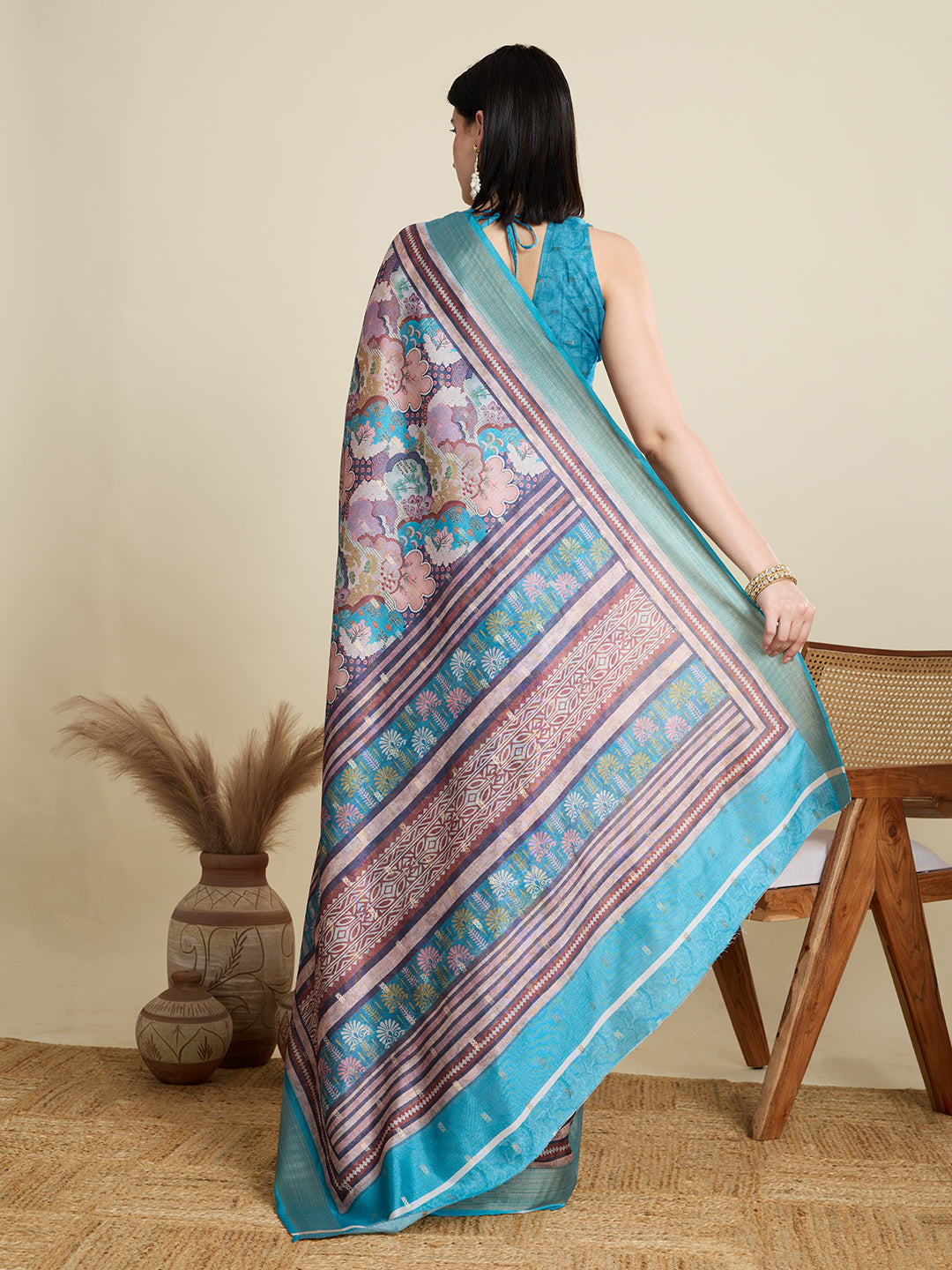 Tea Blue Cotton Woven Border Designer And Printed Ceremonial Saree