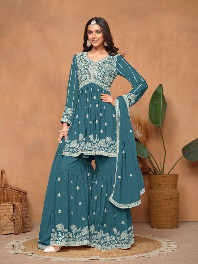Teal-Blue Salwar Kameez With Thread Emboirdered Work