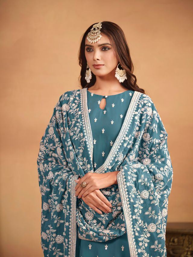 Teal-Blue Salwar Kameez With Thread Emboirdered Work