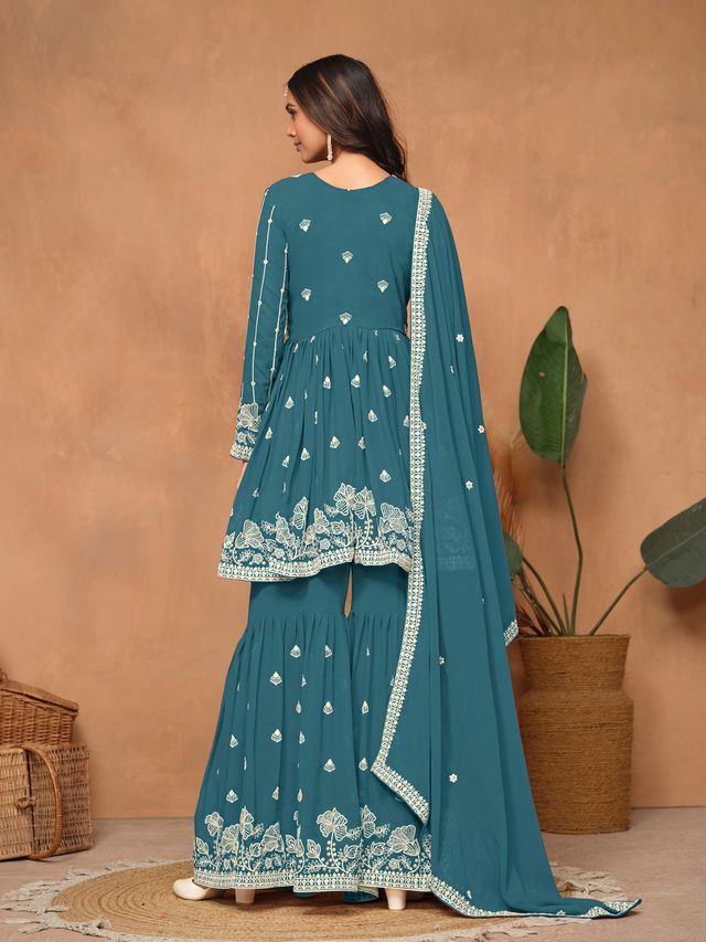 Teal-Blue Salwar Kameez With Thread Emboirdered Work