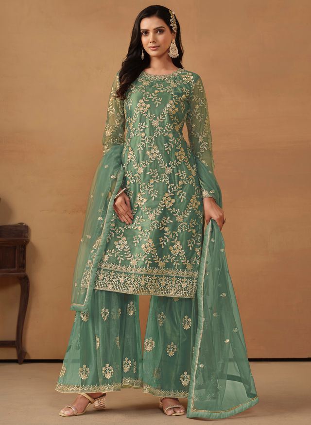 Teal-Green Salwar Kameez With Sequance Work