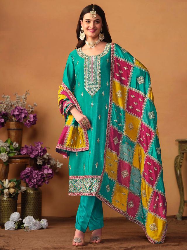Teal-Green Salwar Kameez With Thread Emboirdered Work