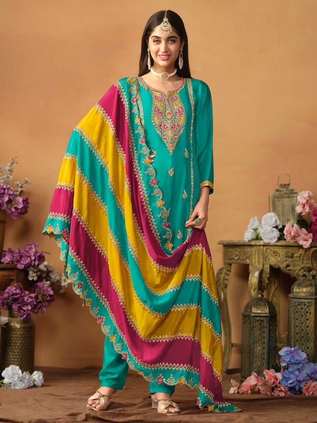 Teal-Green Salwar Kameez With Thread Emboirdered Work