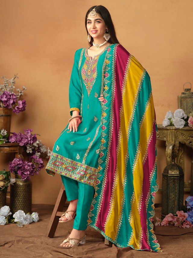 Teal-Green Salwar Kameez With Thread Emboirdered Work