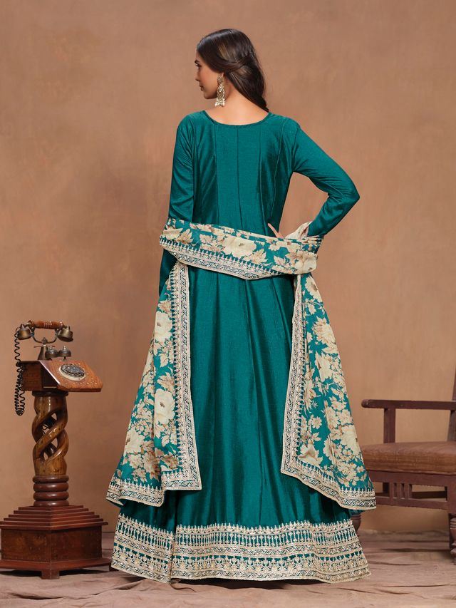 Teal Anarkali Suit With Heavy Thread Embroidery Sequins Work With Printed Dupatta