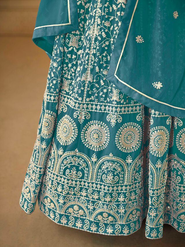 Teal Anarkali Suit With Heavy Thread Embroidery With Sequis Work