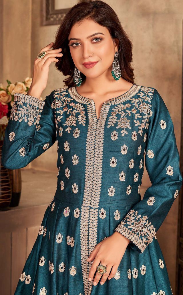 Teal Art Silk Thread Embroidery, Zari With Mirror Work Anarkali Suits
