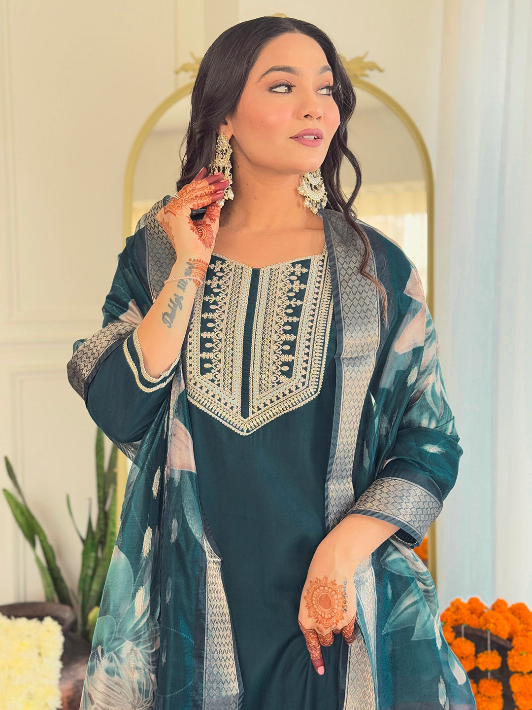 Teal BSY Viscose Elegant Kurta Pant Set With Embroidery Work