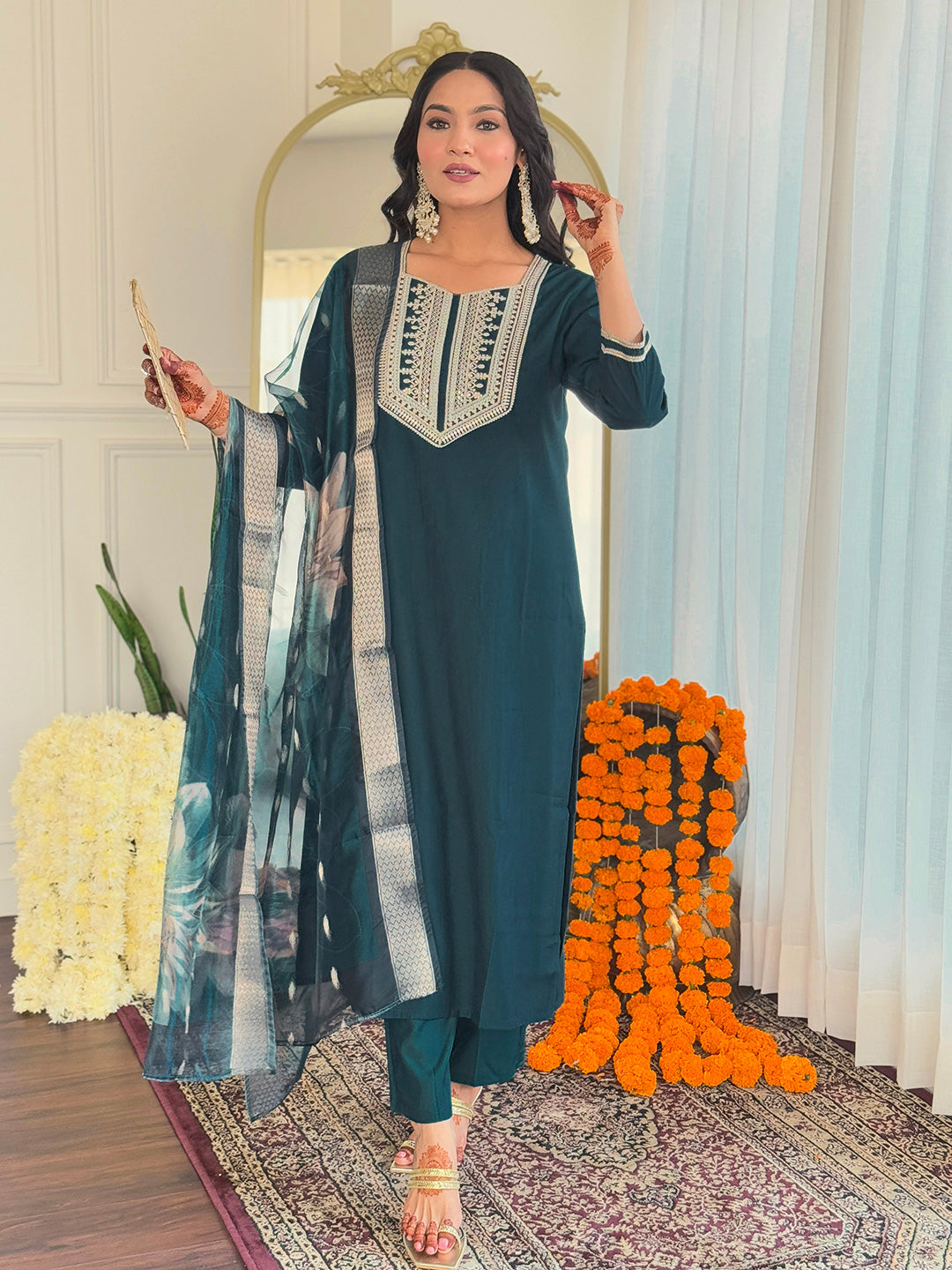 Teal BSY Viscose Elegant Kurta Pant Set With Embroidery Work