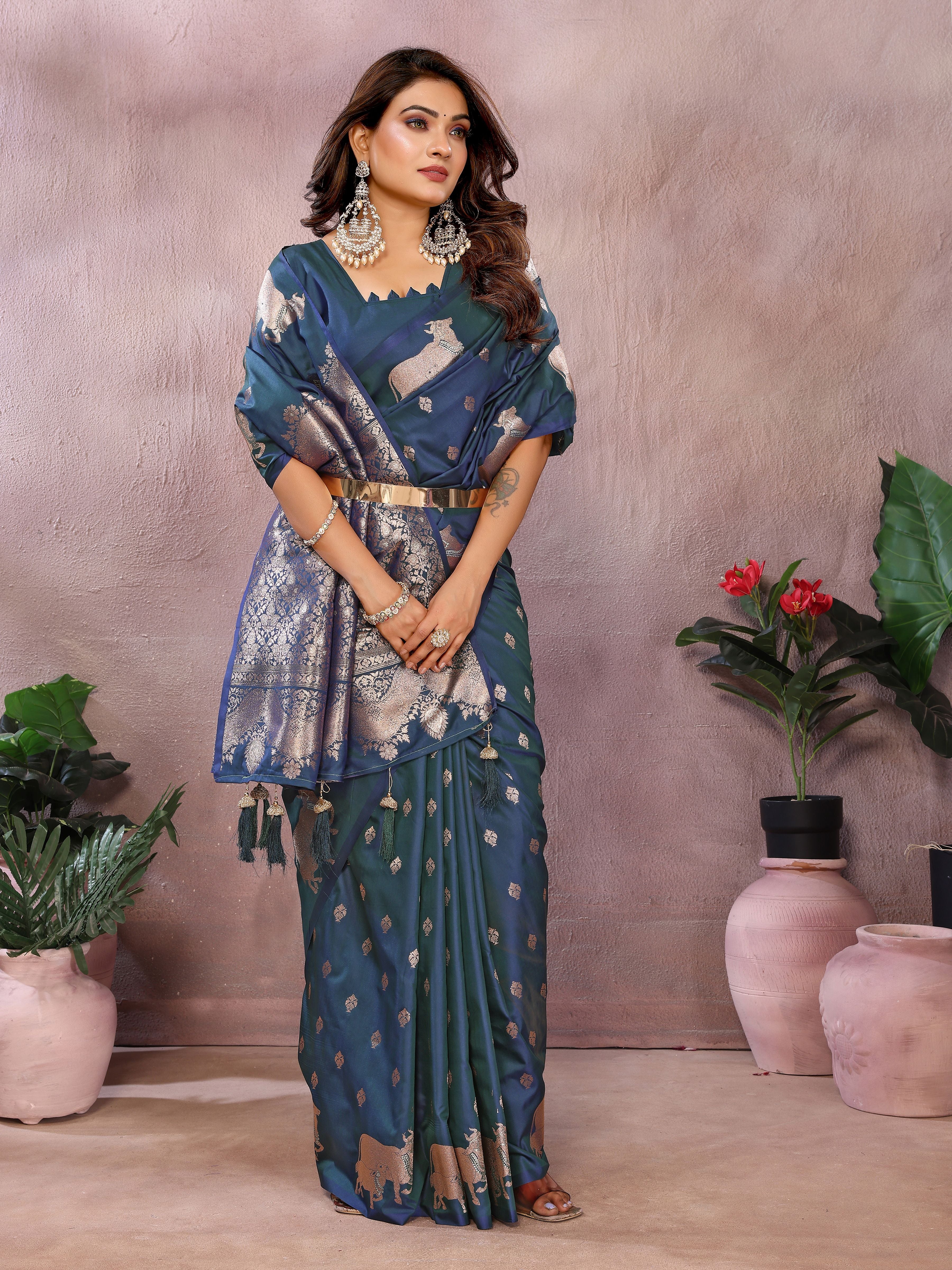 Teal Banarasi Silk Jacquard Weaving Designer Ceremonial Saree