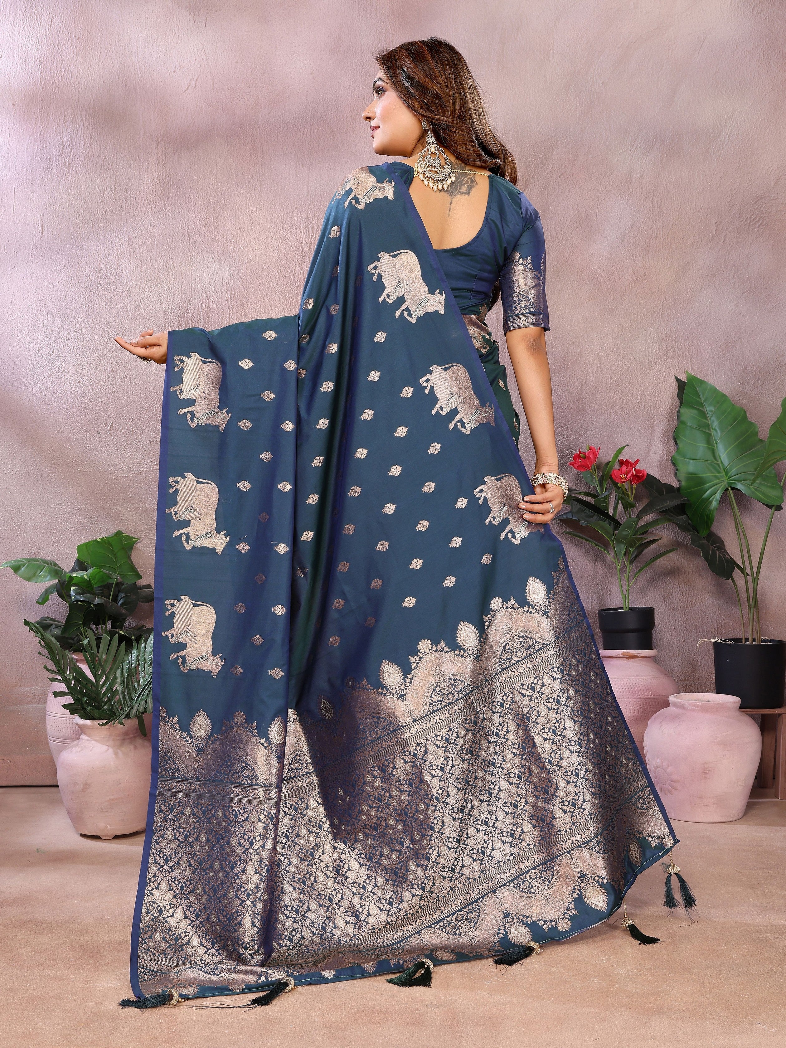 Teal Banarasi Silk Jacquard Weaving Designer Ceremonial Saree