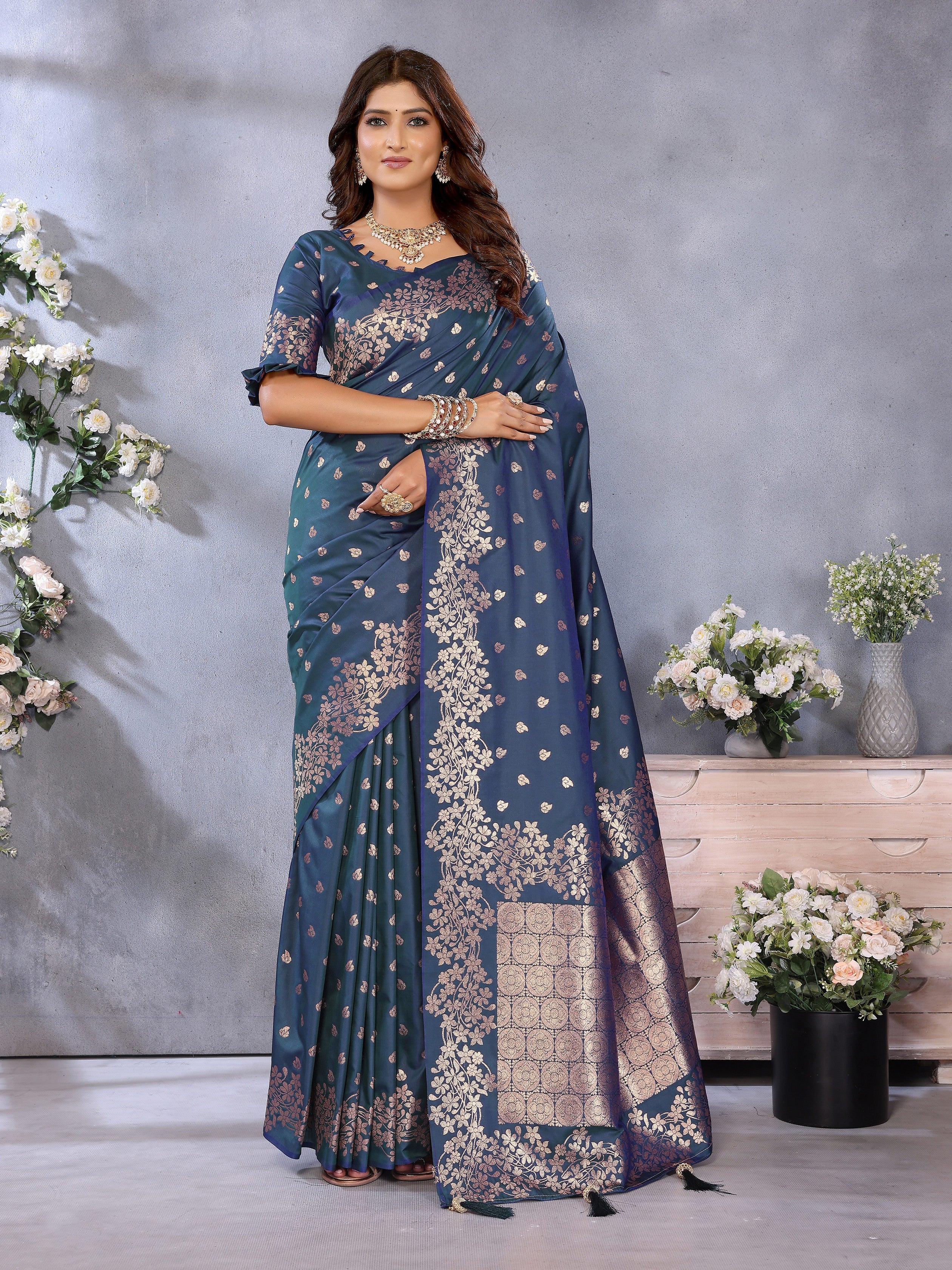 Teal Banarasi Silk Jacquard Weving Designer Floral Ceremonial Festive Saree