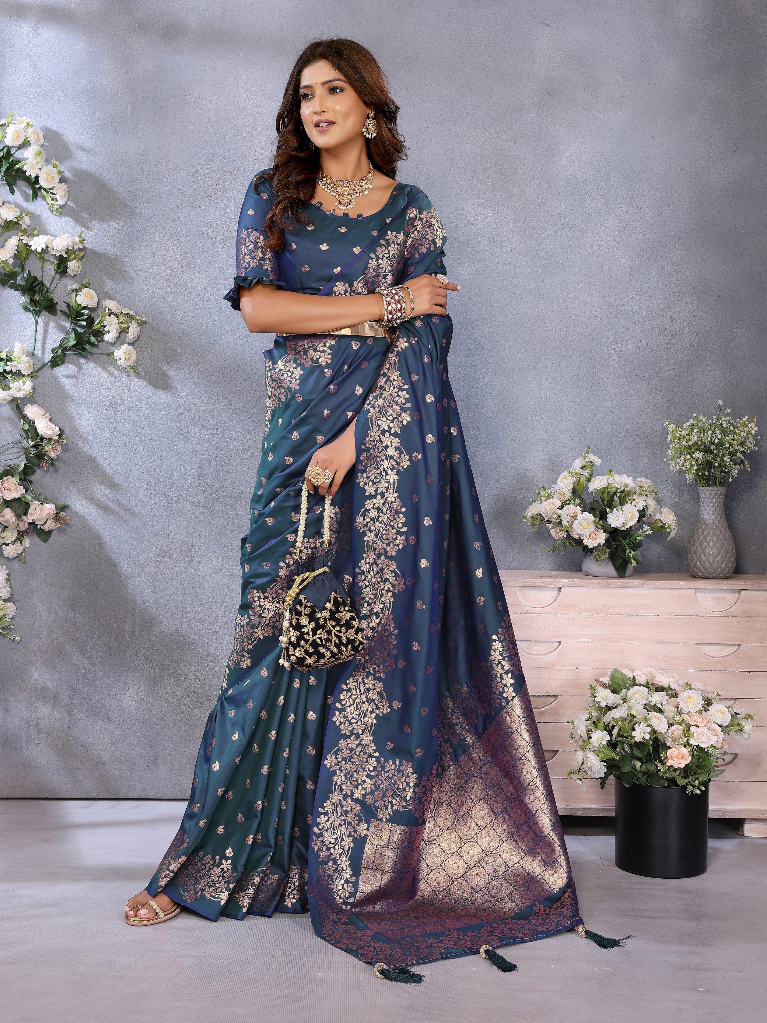 Teal Banarasi Silk Jacquard Weving Designer Floral Ceremonial Festive Saree