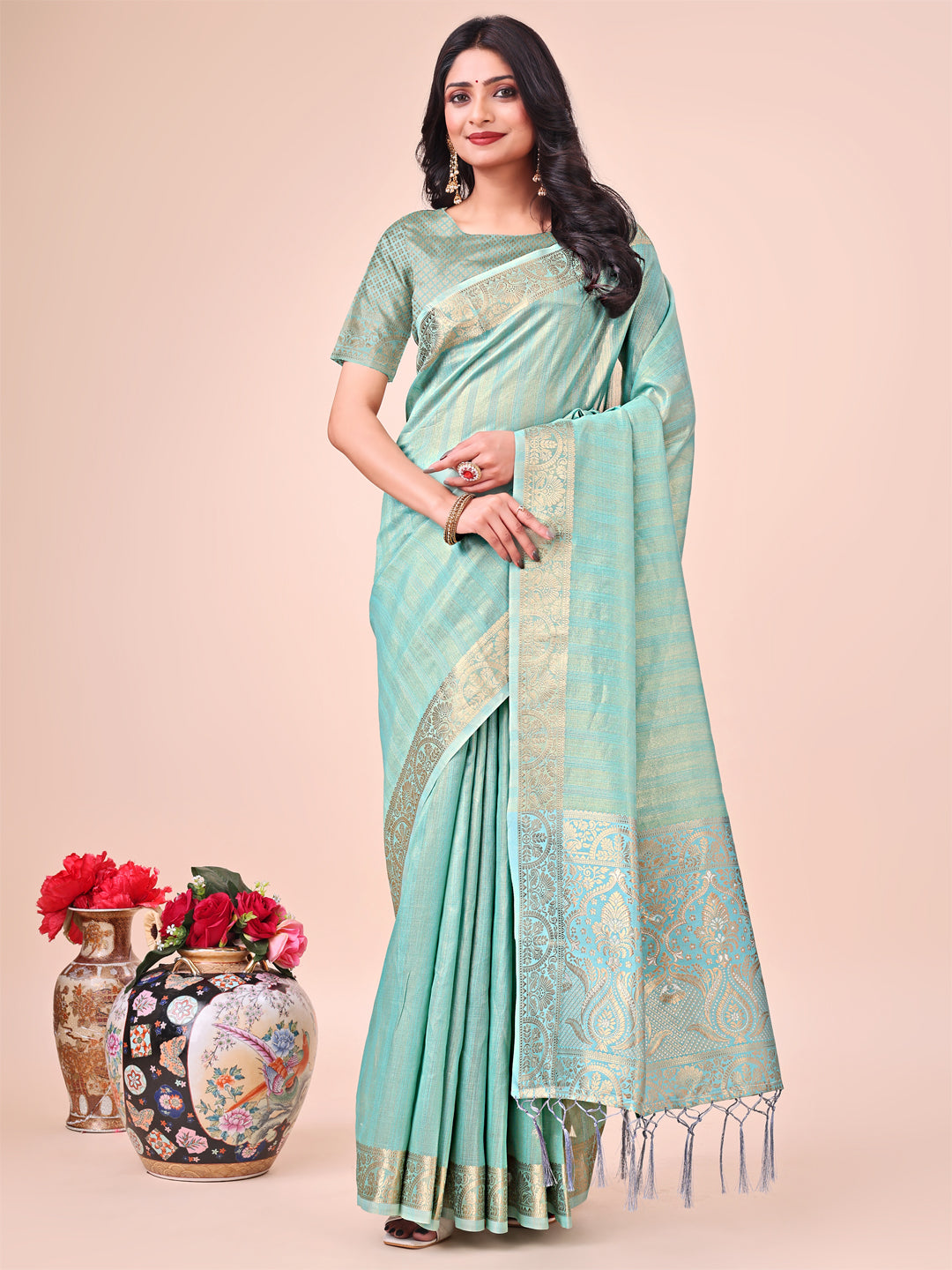 Teal Beautiful Woven Designer Organza Saree