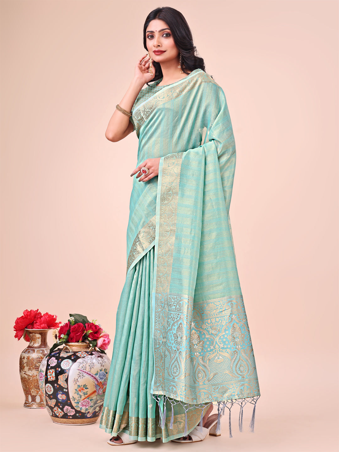 Teal Beautiful Woven Designer Organza Saree