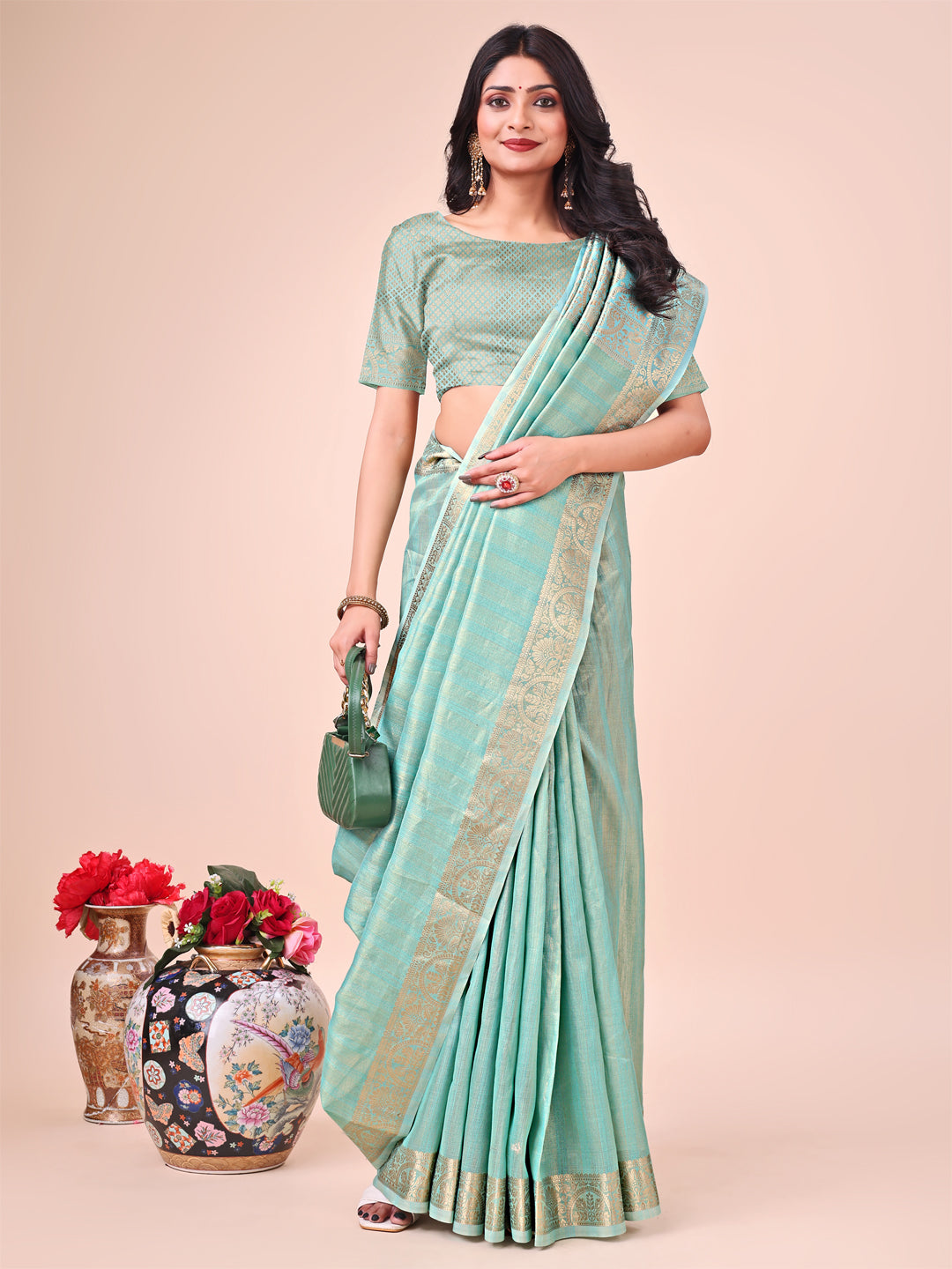 Teal Beautiful Woven Designer Organza Saree