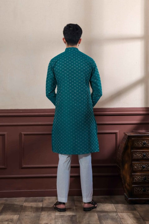 Teal Blended Cotton Wevon Dobby Kurta Pajama
