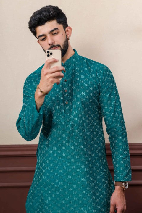 Teal Blended Cotton Wevon Dobby Kurta Pajama