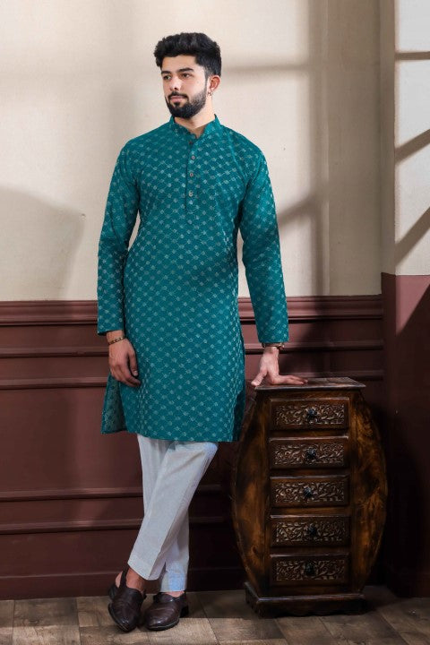 Teal Blended Cotton Wevon Dobby Kurta Pajama