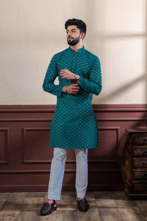 Teal Blended Cotton Wevon Dobby Kurta Pajama