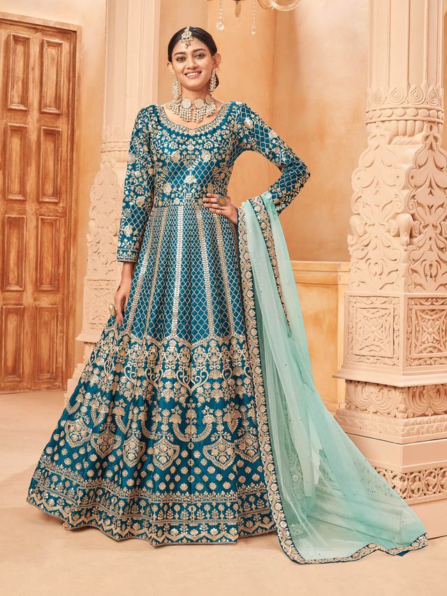 Teal Blue Art Silk Heavy Thread Embroidery with Zari Work Anarkali Suits