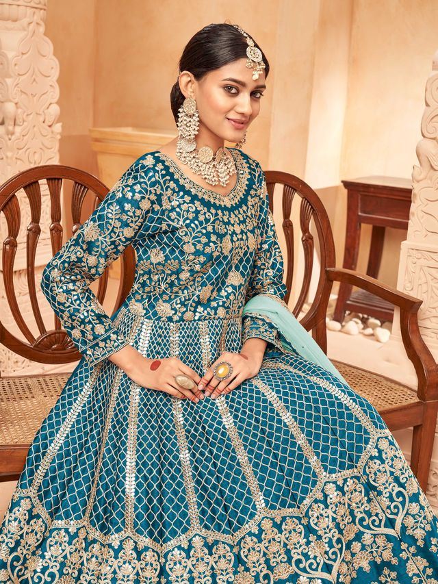 Teal Blue Art Silk Heavy Thread Embroidery with Zari Work Anarkali Suits