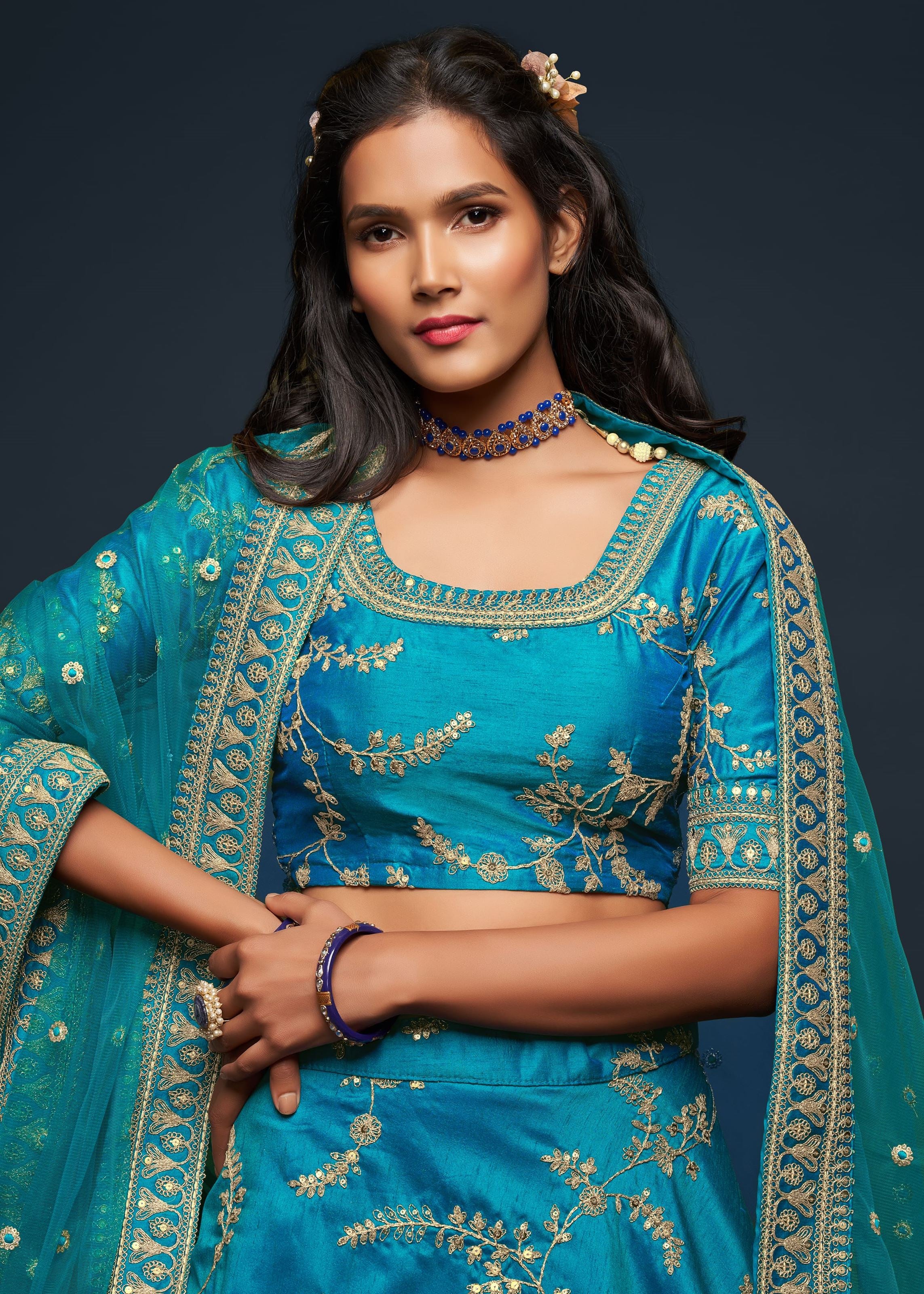 Teal Blue Art Silk Lehenga Choli With Thread, Zari, Dori and Sequins Embroidery Work