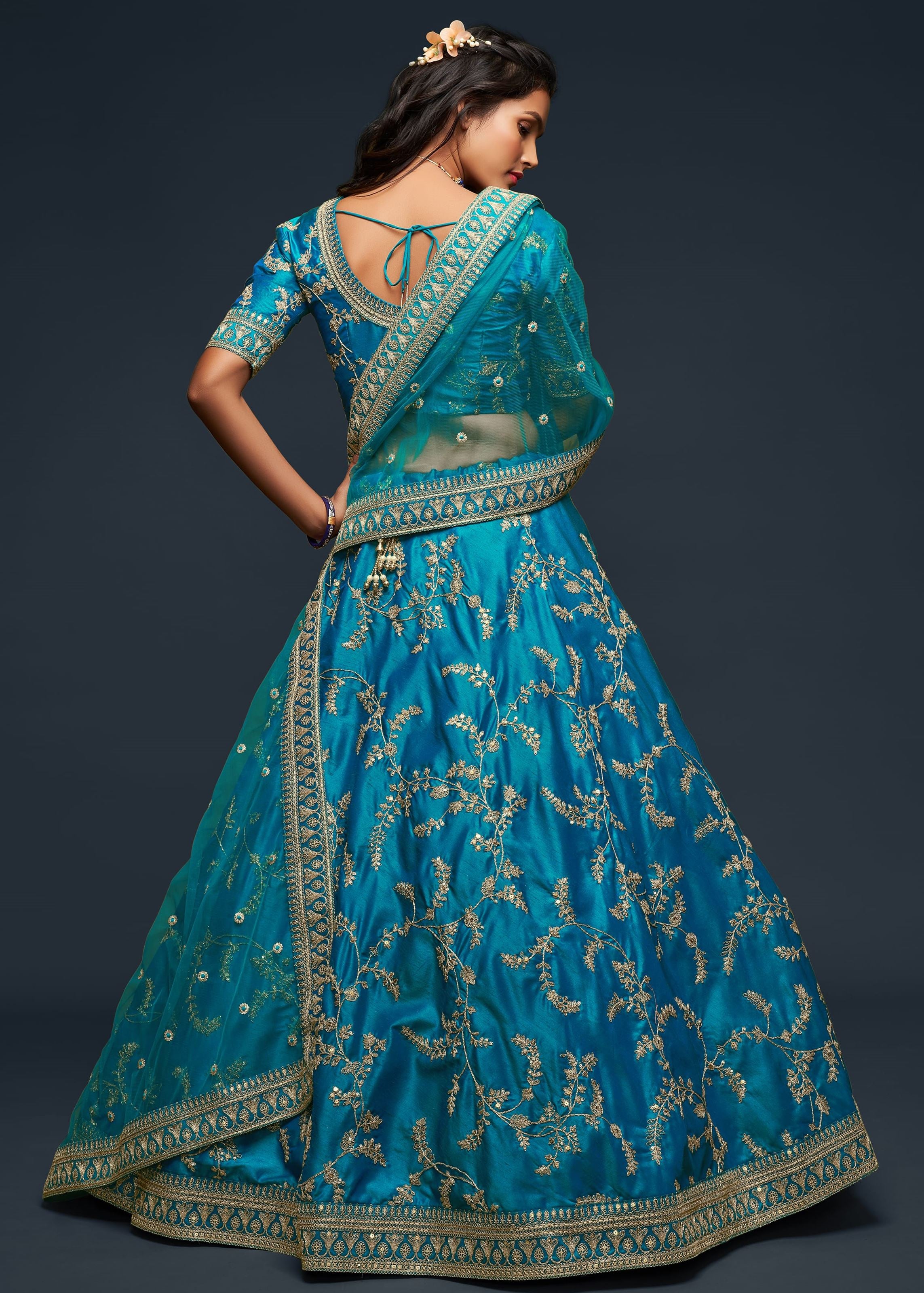 Teal Blue Art Silk Lehenga Choli With Thread, Zari, Dori and Sequins Embroidery Work