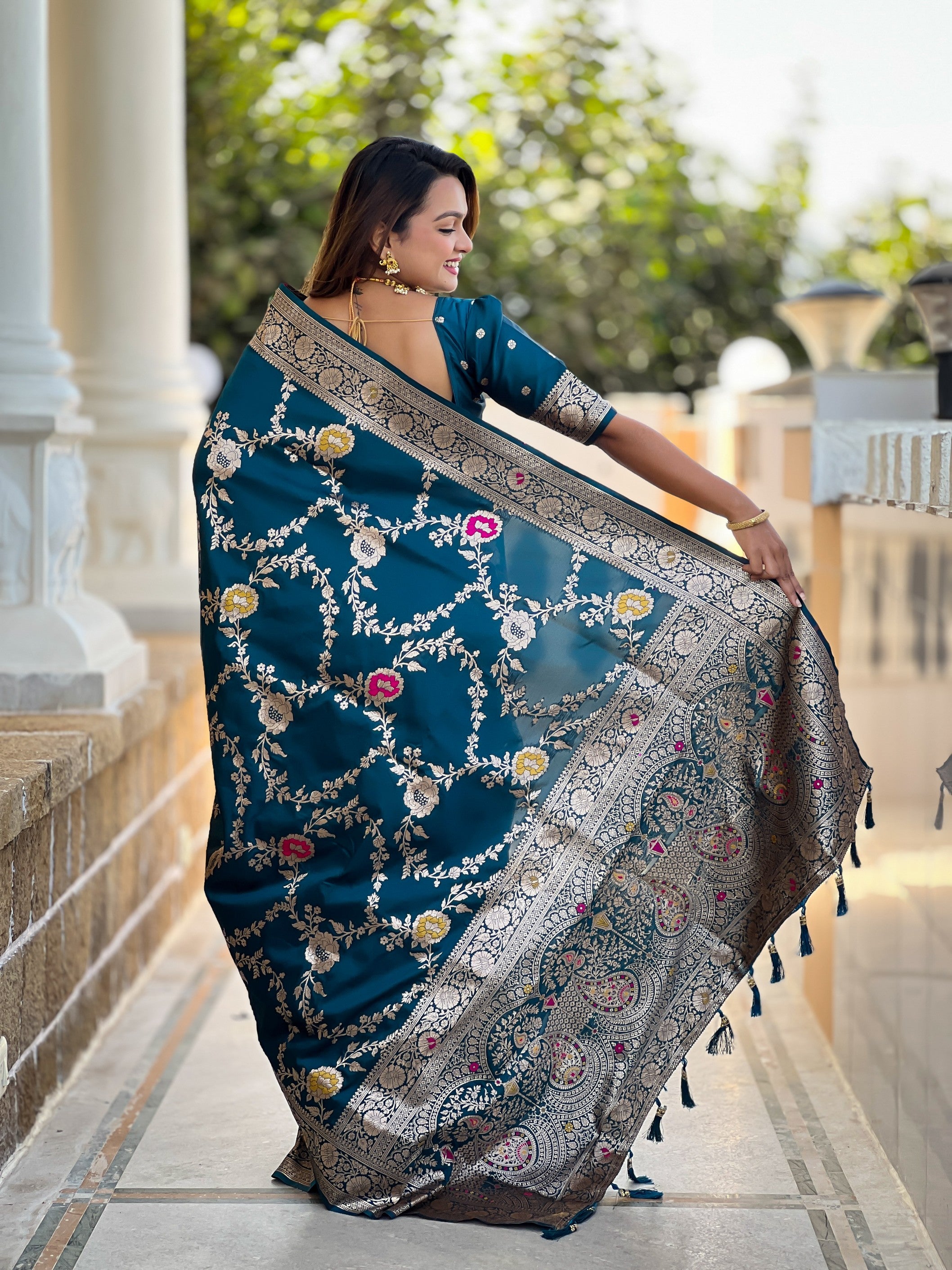 Teal Blue Banarasi Silk Saree With Traditional Woven Meenakari Designer Traditional Looks