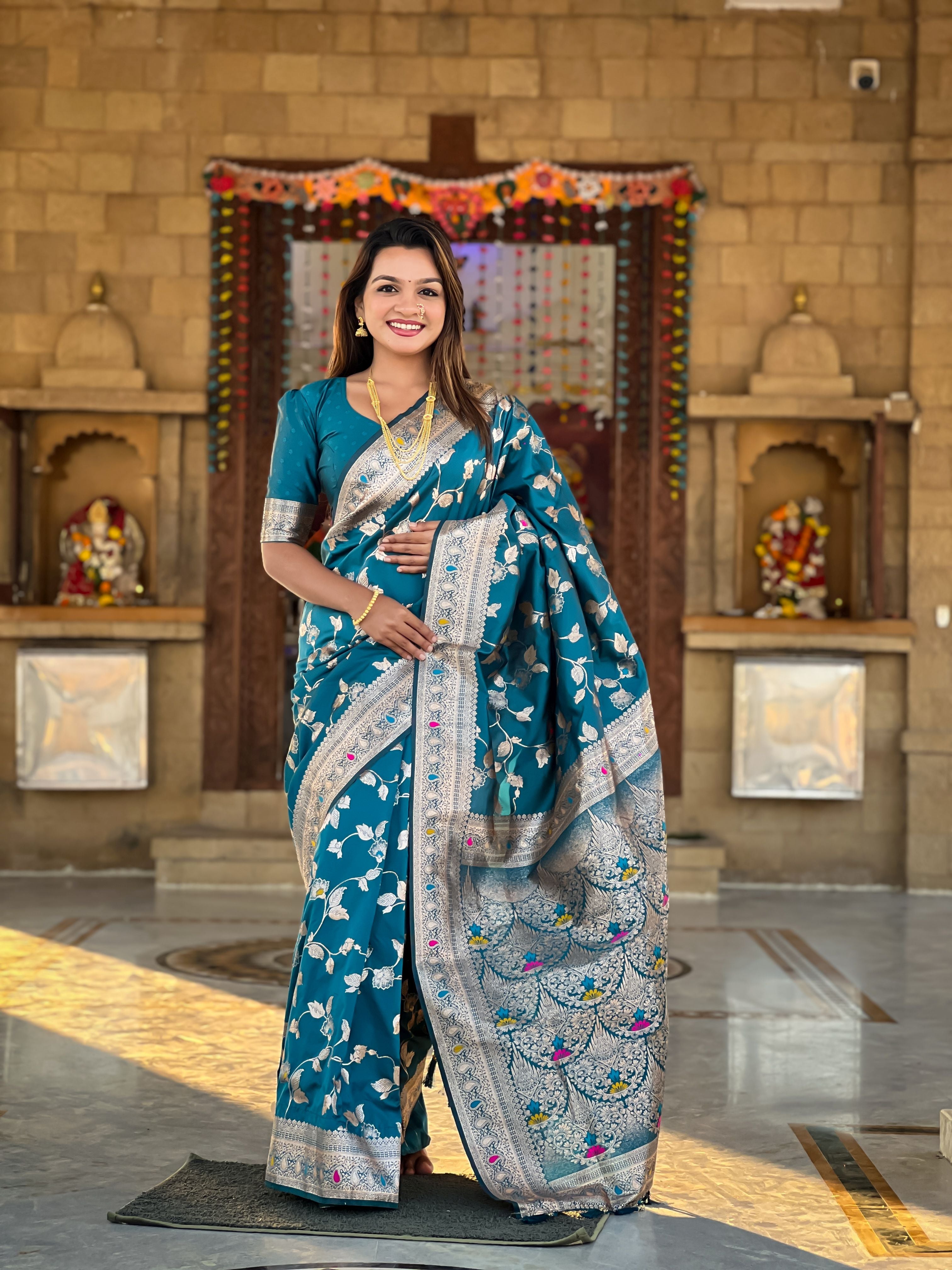 Teal Blue Banarasi Silk Woven Jacquard Designer Ceremonial Partywear Saree