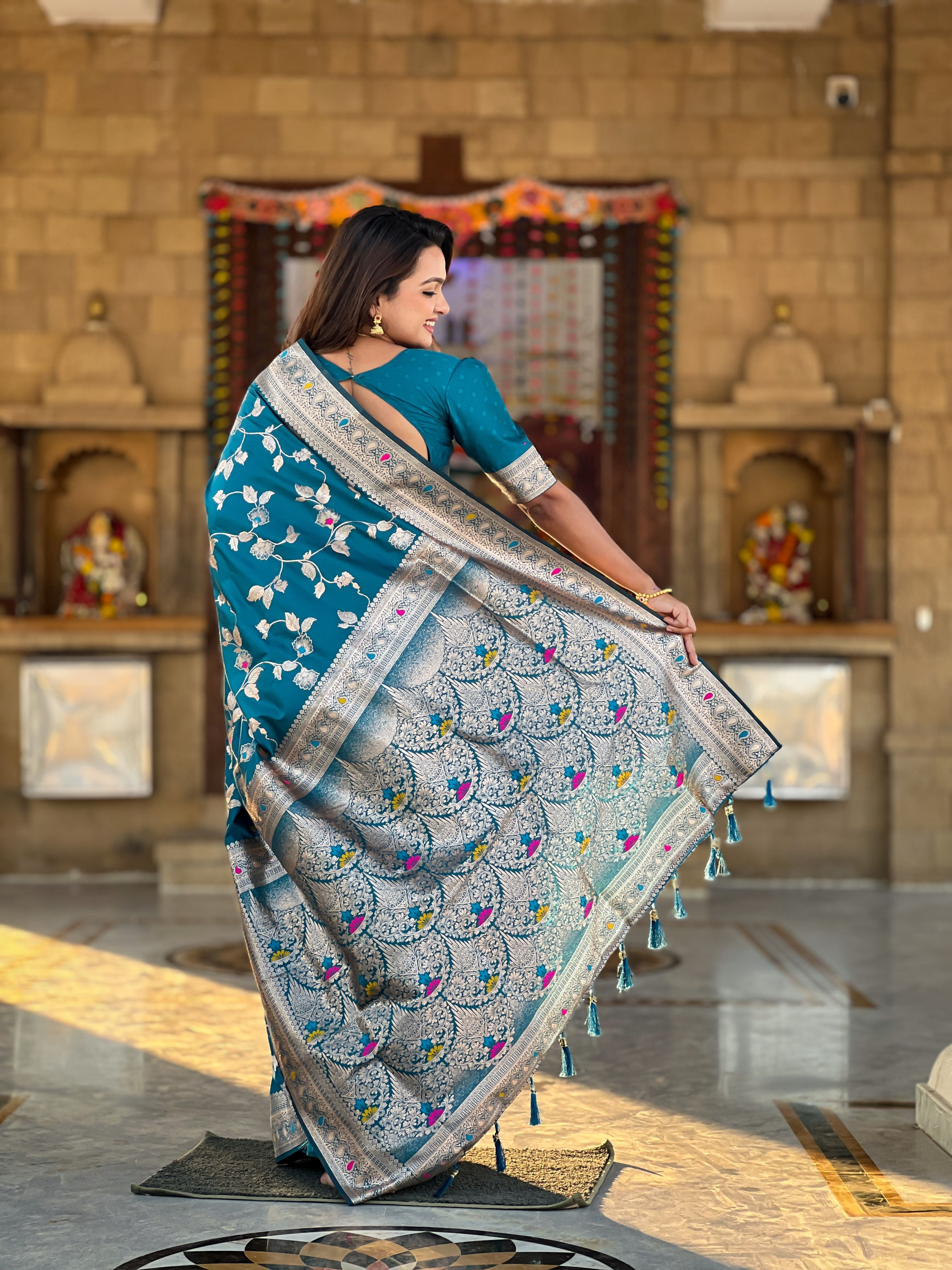 Teal Blue Banarasi Silk Woven Jacquard Designer Ceremonial Partywear Saree