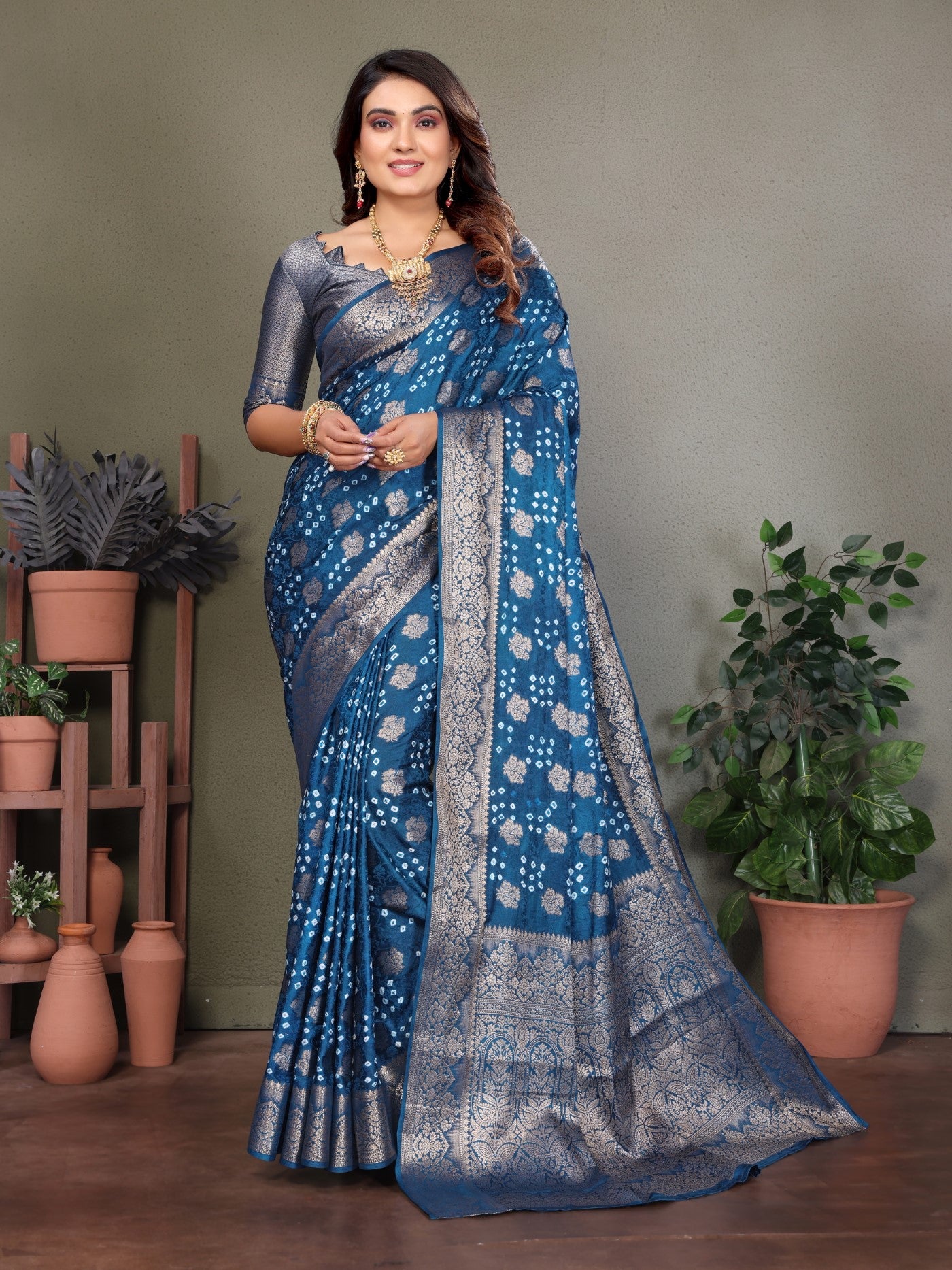 Teal Blue Bandhej Silk Saree With Classic Zari Weaving