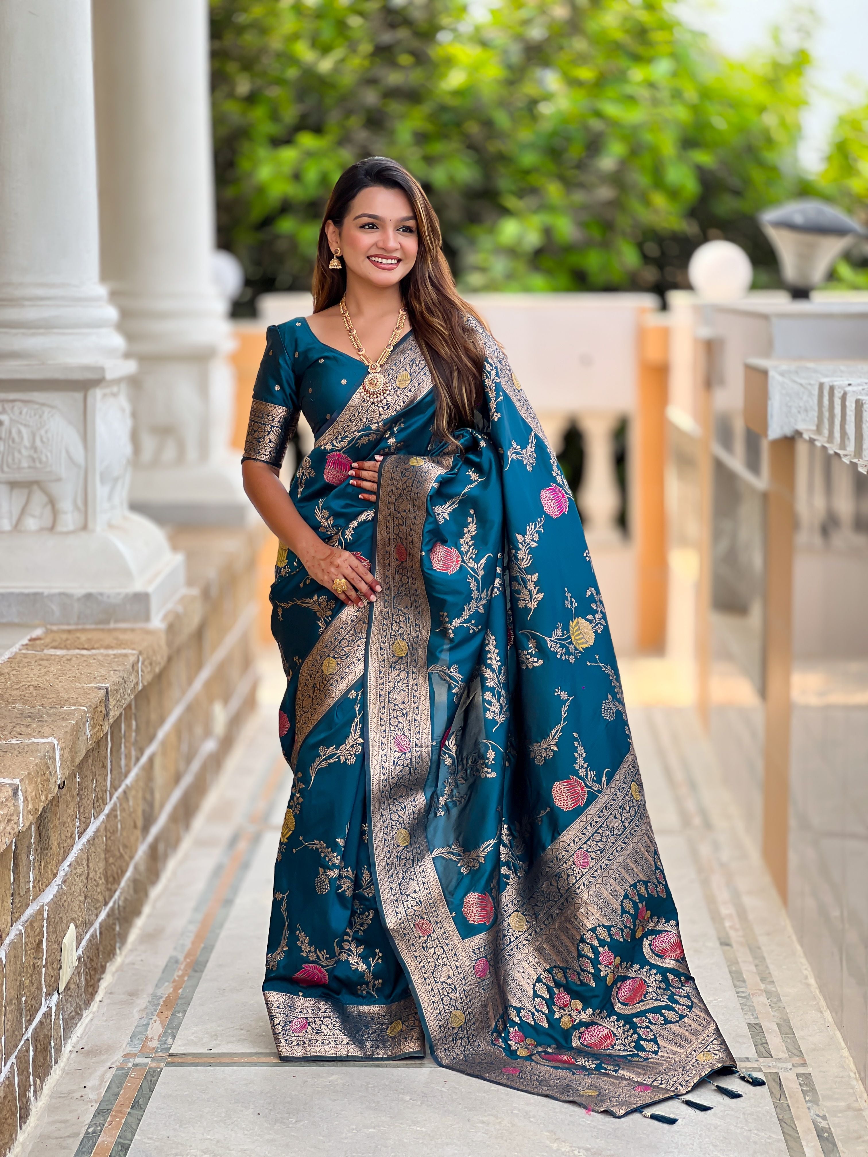 Teal Blue Beautiful Banarasi Silk Woven Meenakari Designer Graceful Ethnic Saree