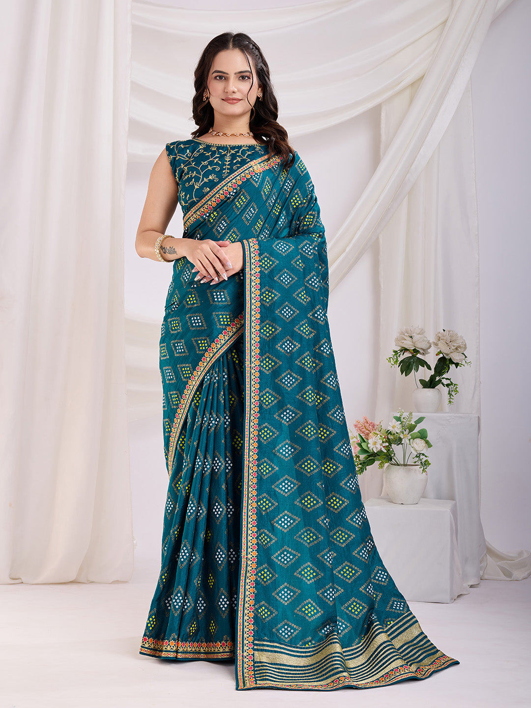 Teal Blue Beautiful Bandhej Printed With Embroidery Work Vichitra Silk Saree