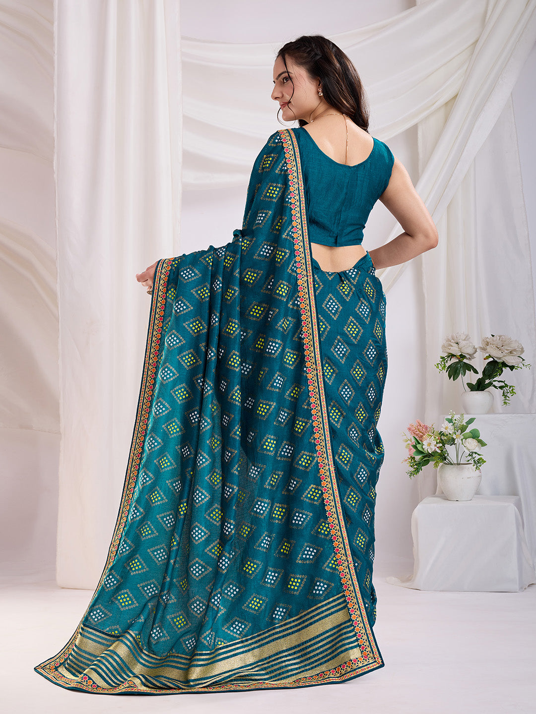 Teal Blue Beautiful Bandhej Printed With Embroidery Work Vichitra Silk Saree