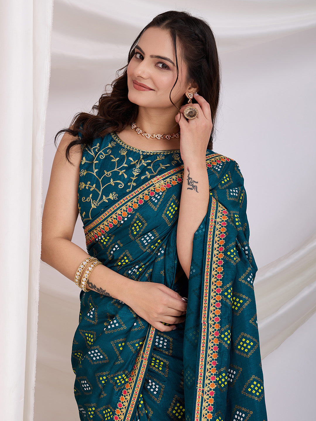 Teal Blue Beautiful Bandhej Printed With Embroidery Work Vichitra Silk Saree