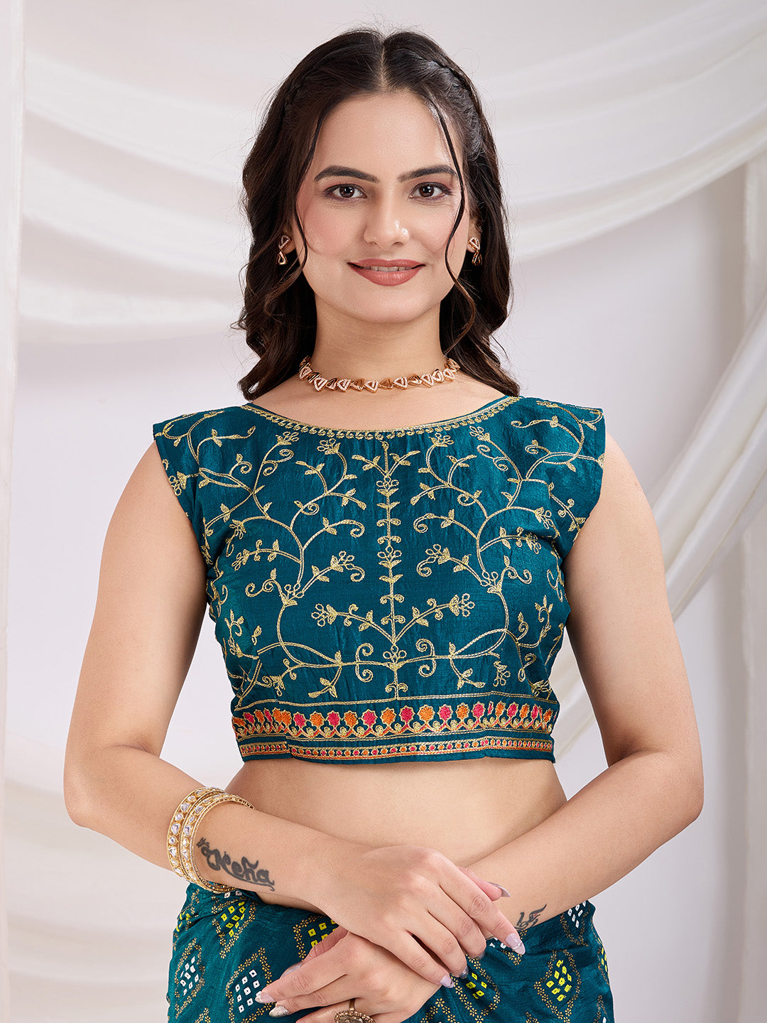 Teal Blue Beautiful Bandhej Printed With Embroidery Work Vichitra Silk Saree